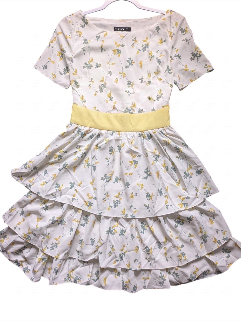 ♥️NEW SHEIN Floral Tiered Ruffle Dress with Yellow Waistband